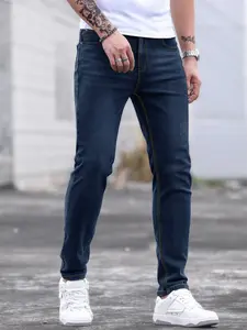 Men's Classic Blue Stretch Slim Straight Jeans with 5 Pockets Premium Denim Fabric, Standard Edition Jeans Men's Pants, Simple Edition Easily Create Urban Everyday Style