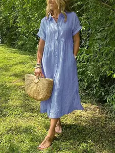 Women's Plus-Size Curvy Clothing, Loose Striped Short-Sleeve Linen Shirt Dress, Mid-Length Summer Casual Wear