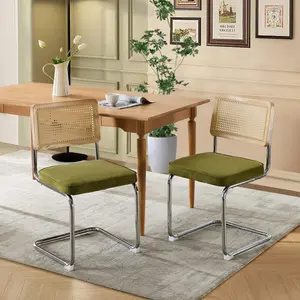 Velvet Dining Chair Set of 2 Modern Upholstered Kitchen Chair with Natural Cane Back, Stainless Chrome Base for Dining Room, Club dinning chair