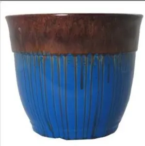 8"-11" Blue and Red Striped Planter with Unique Textured Design for Garden Decor