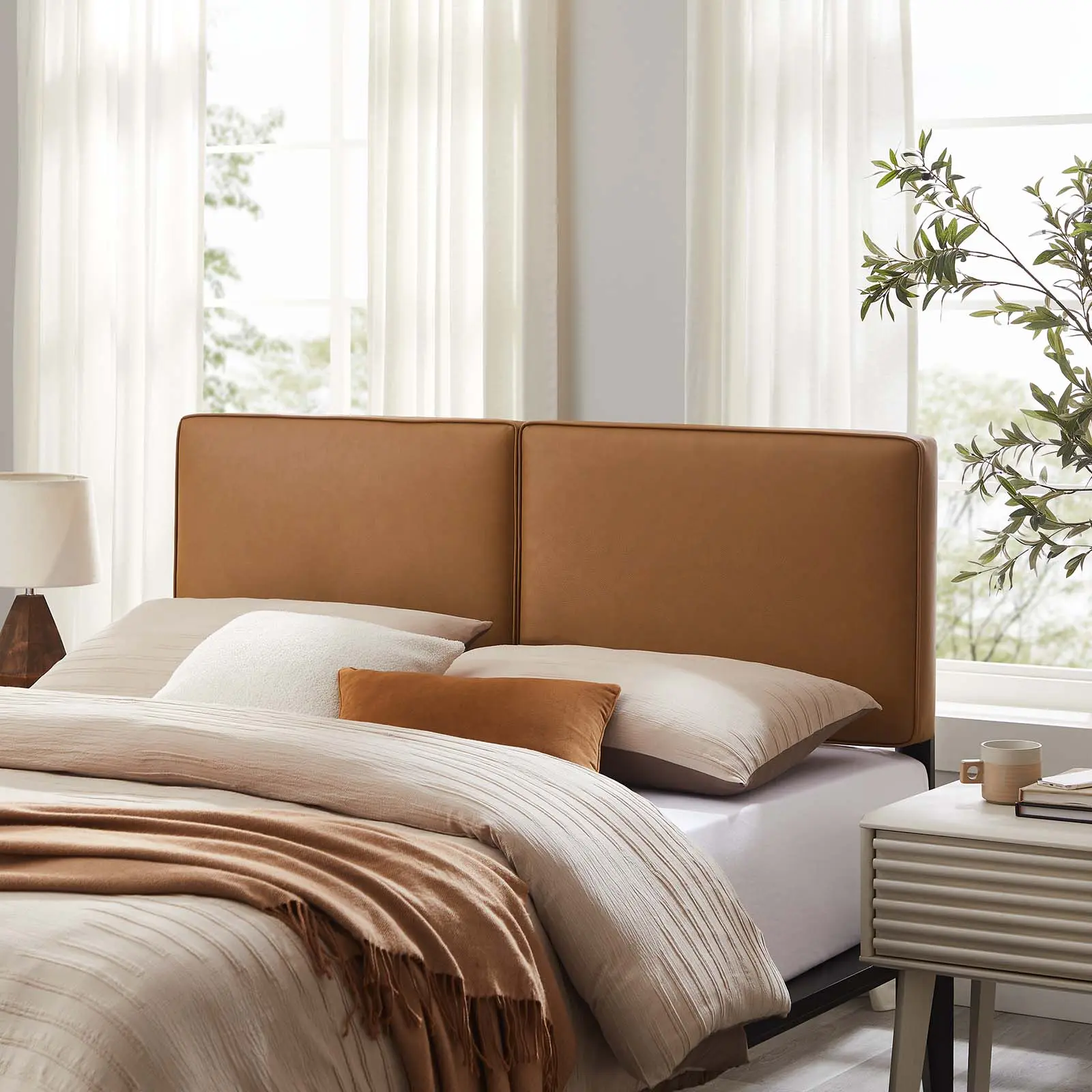 Modway Lindee Faux Leather Upholstered Padded Full Headboard, Tan Indoor Furniture Bed Frame Accessory, Faux Leather Headboard, Padded Headboards