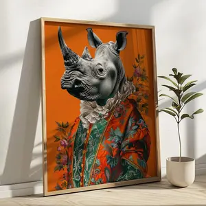 Rococo Rhino Portrait, Colorful Animal Fashion Wall Art, Trendy Room Decor, Unframed