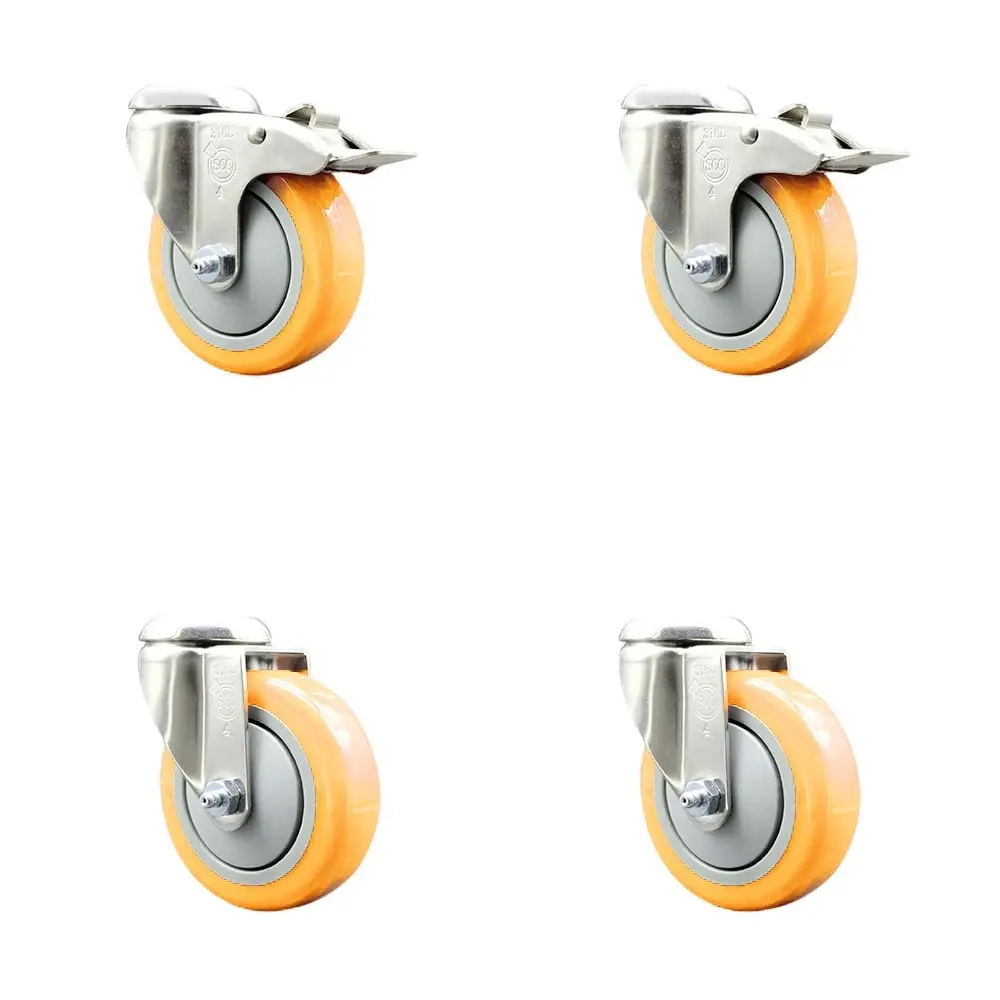 Service Caster SCC-SS316BHTTL20S414-PPUB-YEL-2-S-2 Polyurethane Swivel Bolt Hole Caster with 4 in. Yellow Caster Wheels - 316 Stainless Steel Casters - Set of 4