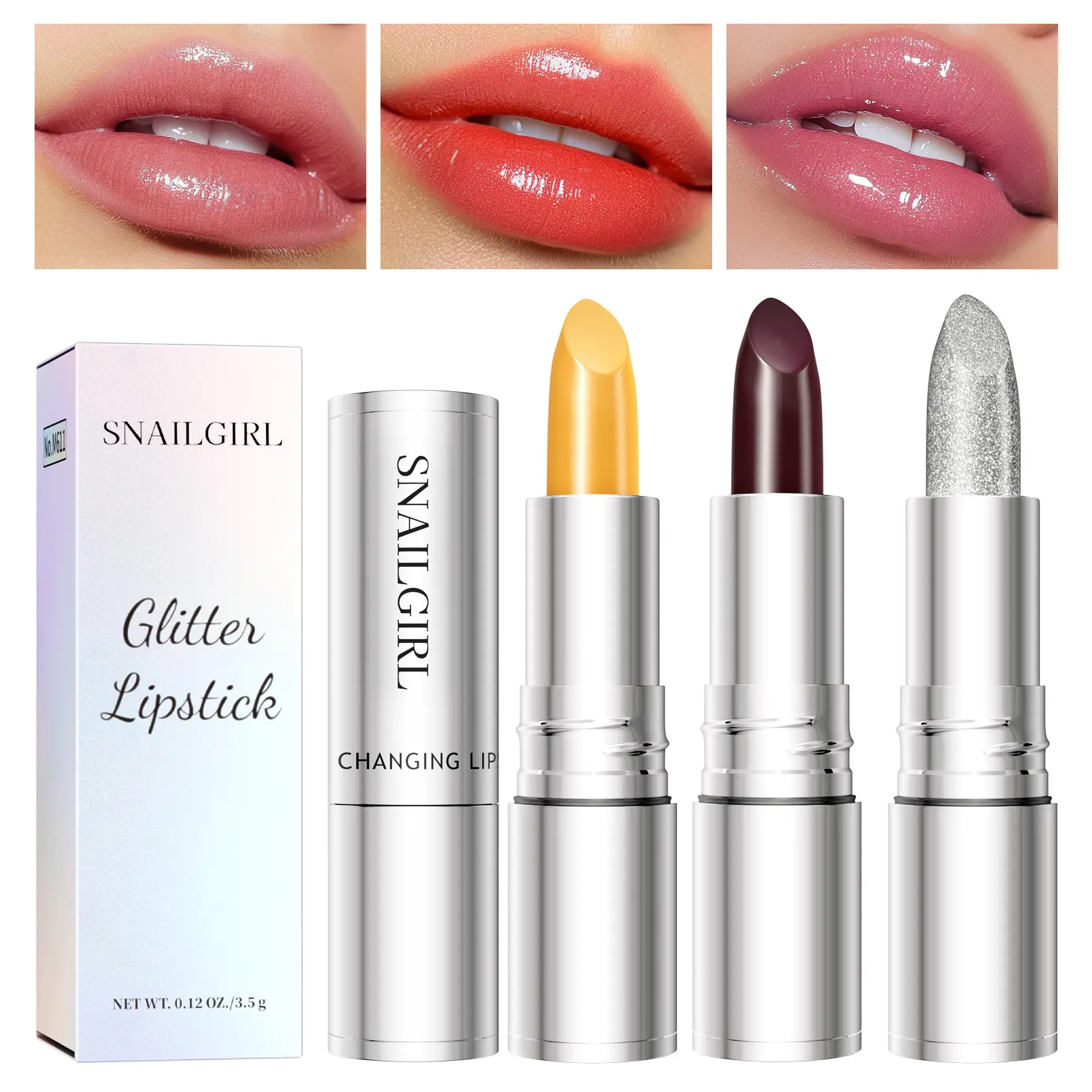 Snailgirl Glitter Color Changing Lipstick Non-Stick Cup Lipstick Moisturizing Long-Lasting Red Cherry Color Changing Lip Balm