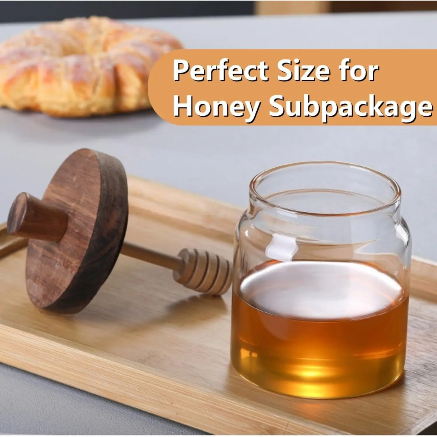 Arthink Airtight Glass Honey Jar Canister with Natural Wood Lid & Integrated Dipper Streamlines Serving, 17oz See-Through Kitchen Utensils for Honey Storage, Premium Safe Airtight Jars Dispenser (TikTokShopBlackFriday Christmas), Safe Glass For Daily Use