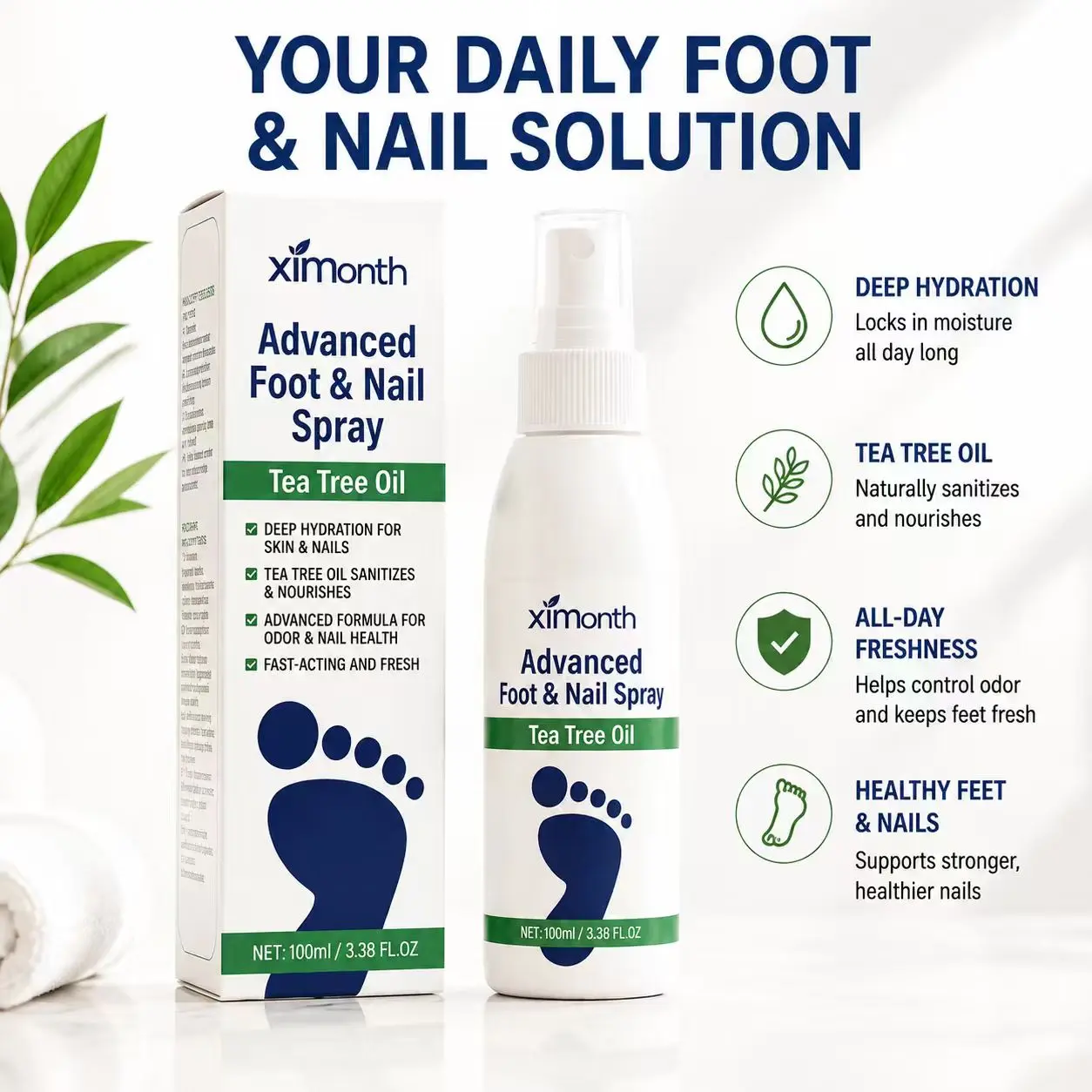 XIMONTH Tea Tree Oil Foot Spray - 100ml Antimicrobial Deodorant for Odor Control & Dry Feet Care, Natural Moisturizer with Antifungal Properties deodorize pecueca nail sanitizer footsantizerspray