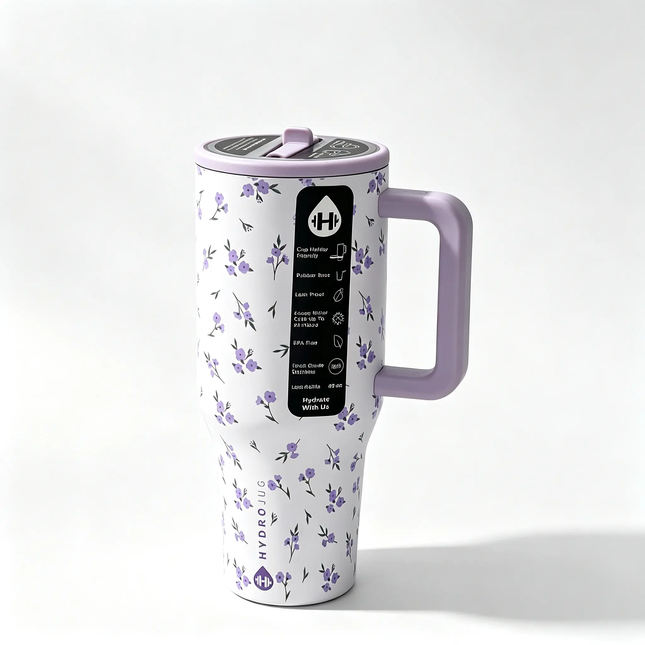 HydroJug 40oz Purple Floral Stainless Steel Insulated Water Bottle, BPA-Free, Built-in Straw, Cup-Holder Compatible, Keeps Drinks Hot & Cold, Ideal for Daily Commute, Kitchenware Drinkware Vacuum Flask Gift Option