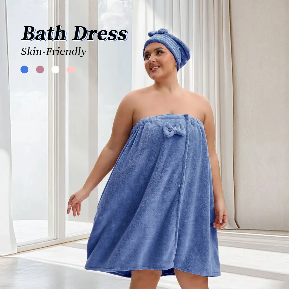Plus Size Bathing Robe & Shower Cap Set, 2 Counts/set Soft Striped Polyester Spa Towel Wrap, Woven Bathing Robe & Shower Cap for Home, Travel, Sauna, Fitness, Bathroom, Pool, Wash Towel
