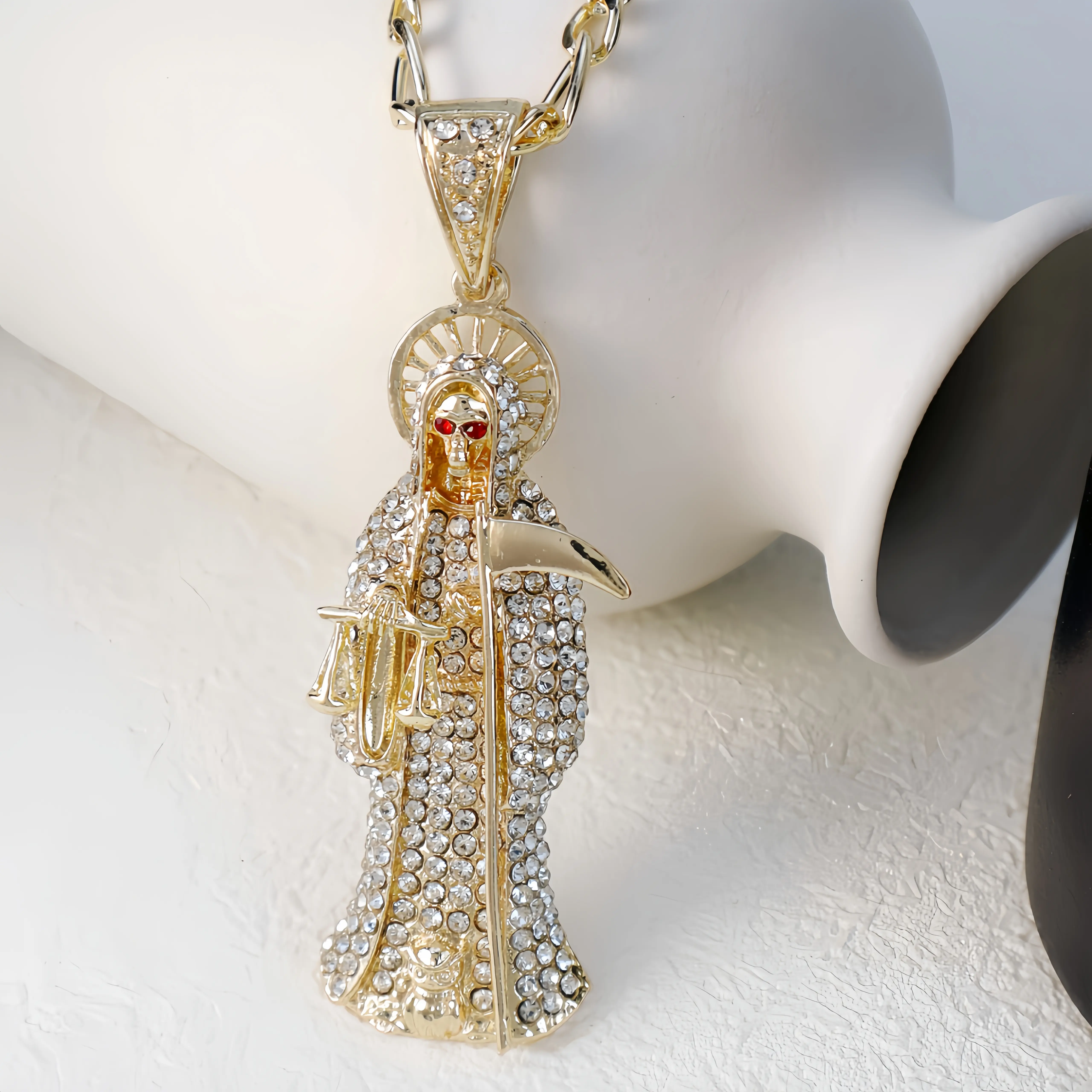 Santa Muerte Protective Pendant Necklace, Mexican Motif Jewelry with Scythe Design, 24in Figaro Chain, Holiday Gift, Mexican Motif Necklaces, Protective Pendant Necklaces