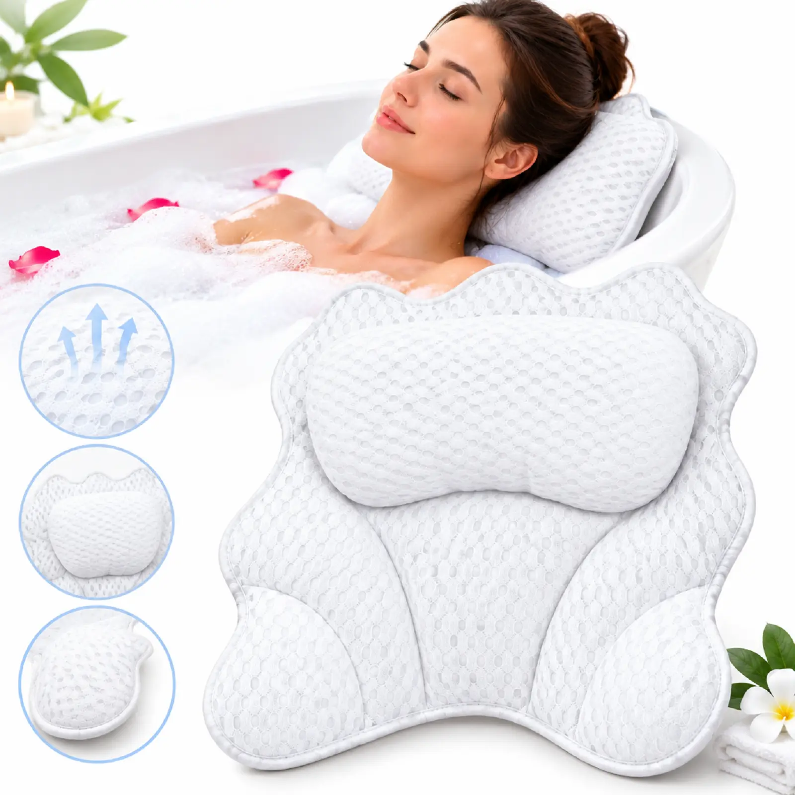 Luxury Bath Pillow with 4D Breathable Mesh, 6 Suction Cups for Non-Slip Support, Quick-Dry Bathtub Headrest for Neck and Back, with Laundry Bag and Bath Sponge
