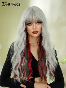 26 Inch Long Wave Christmas Wigs for Women, Loose Wave Wigs, Synthetic Material Wigs, Fluffy Wavy Curly Wig with Bangs, Synthetic Heat Resistant High Density Fiber Hair Wigs for Girls Party Wear, Halloween Cosplay Use