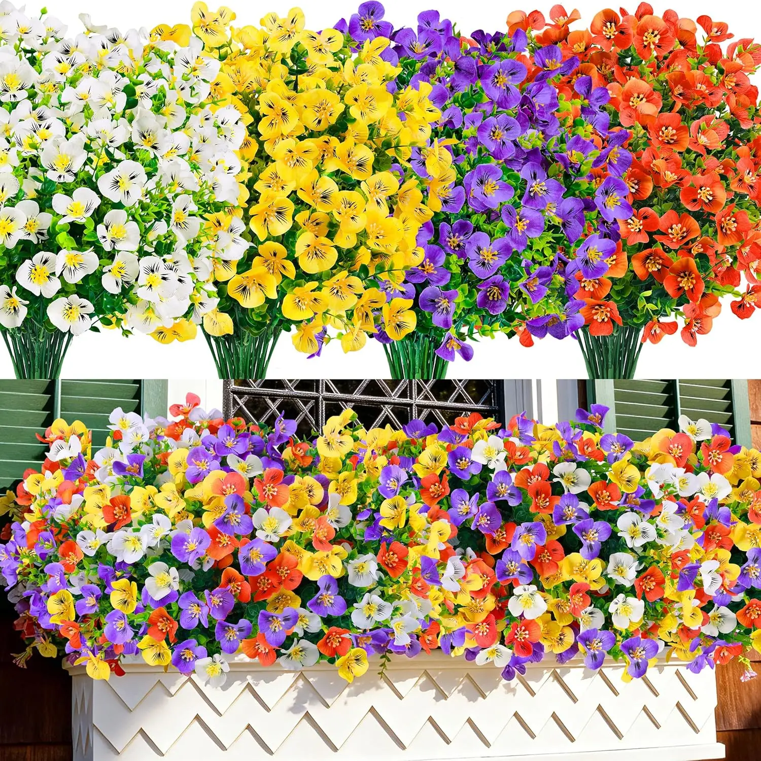 Der Rose 24 Bundles Artificial Pansy Flowers for Outdoors, UV Resistant 4 Assorted Colors Fake Pansies Spring Flowers for Planters Window Boxes Flower Beds Outdoor Garden Decor Decorative Fruit