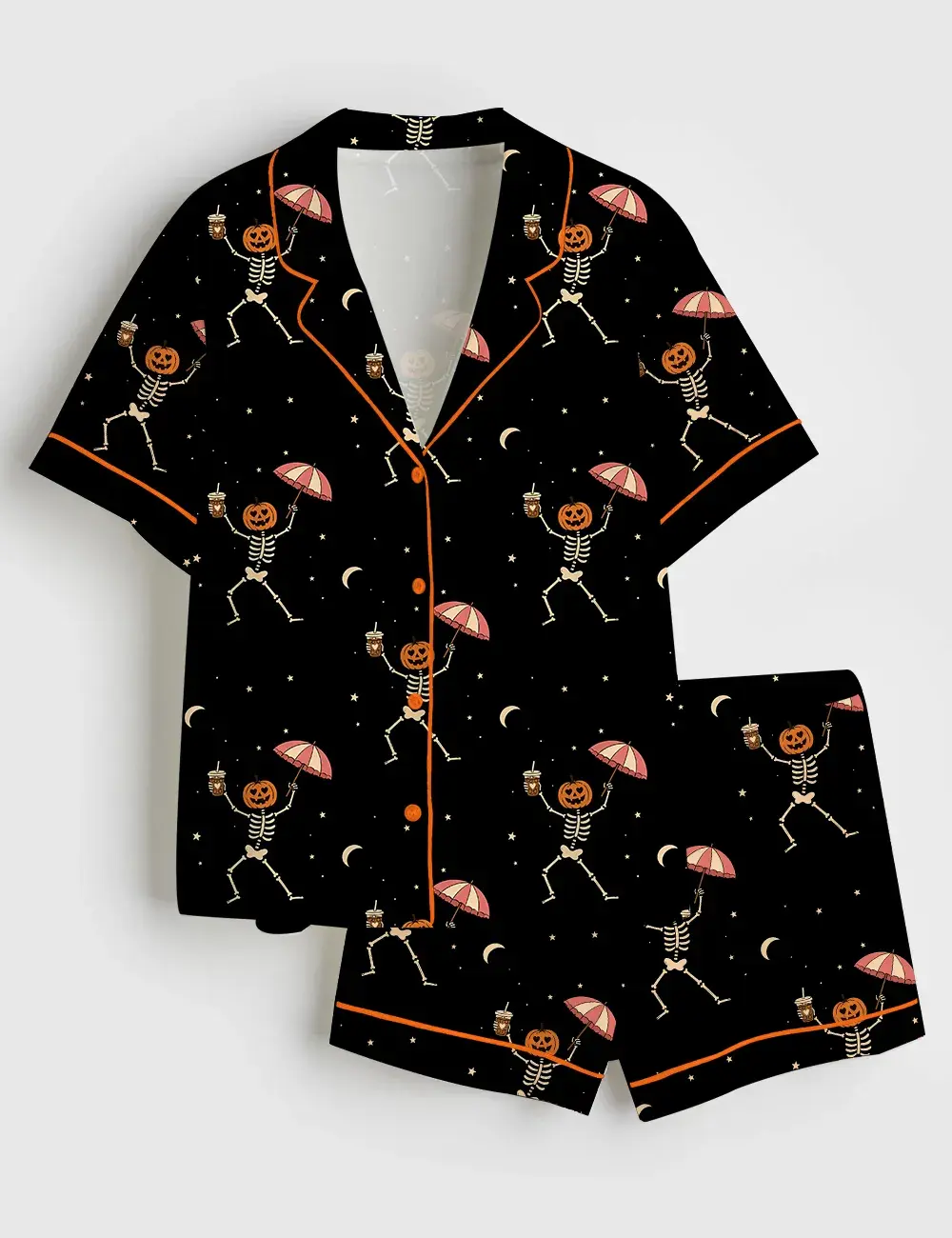 Women’s Waiting For Fall Halloween Funny Skeleton Pumpkin Short & Long Sleeve Silky Satin Pajama Set