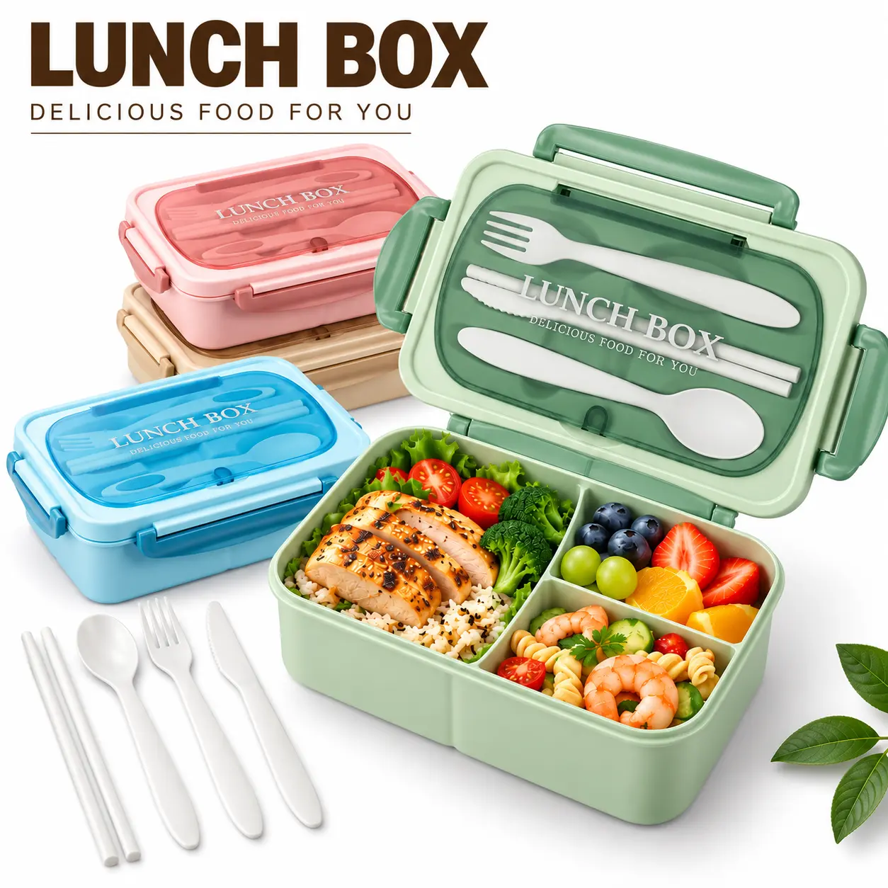 ONESHOW HOME 4-Pack Rectangular Single-Layer Bento Box, 1200ML 3-Compartment Lunch Container for Adults with Utensils & Leak-Proof Lid, Ideal for Lunch at Work/School Travel