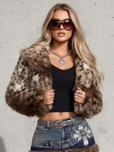 Women's Y2K Leopard Print Faux Fur Short Cardigan Jacket, Casual Loose Fit Lapel Neckline Coat, Fashionable Women's Outerwear, Casual Chic Outerwear