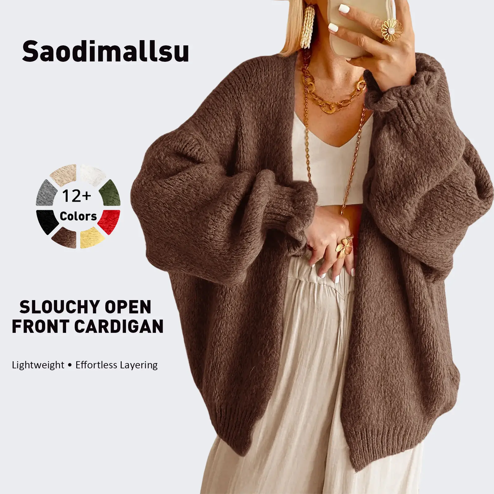 Saodimallsu Cardigan for Women, Open-Front Oversized Chunky Polyamide Knit Sweaters, Casual Clothes with Long Ruffle Lantern Sleeves
