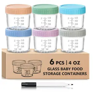 6 Pack 4oz Glass Baby Food Storage Containers with Lids, Leakproof BPA Free Baby Food Jars, Microwave Dishwasher Freezer Safe, Reusable