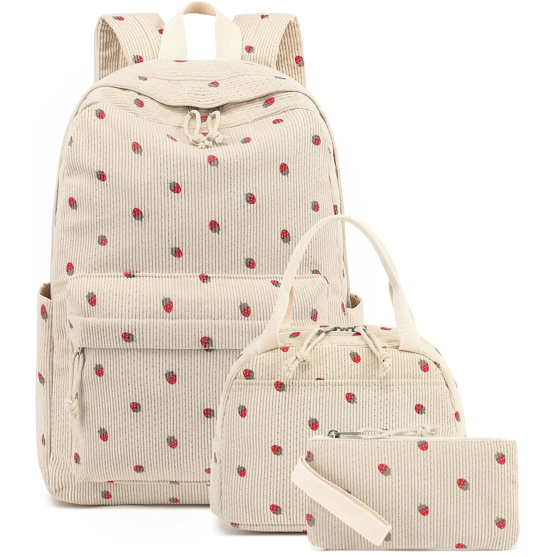 Back to School 3PCS Corduroy Backpack Set - Cute Strawberry Print School Bag with Lunch Bag and Pencil Case, Lightweight Student Bookbag for Girls Kids and Teens