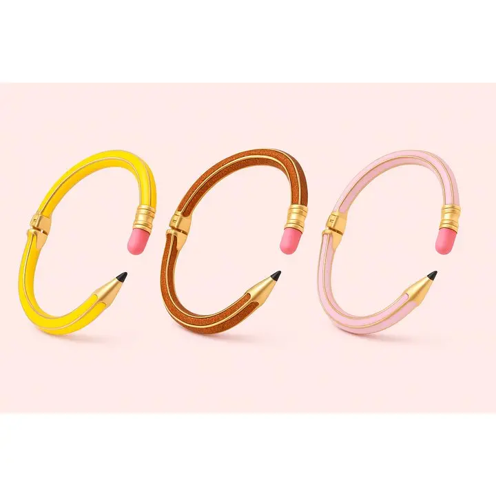 Pencil Bangle Bracelet - Casual Enamel Coated Metal with Hinged Clasp - Sparkle Gold, Classic Yellow, Soft Pink - Perfect Gift for Teachers & Students