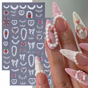 2pcs Cute Cream Cake Piping Nail Art Stickers, 3D Strawberry Cherry Bow Rose Design DIY Nail Decals, Perfect for Women & Girls