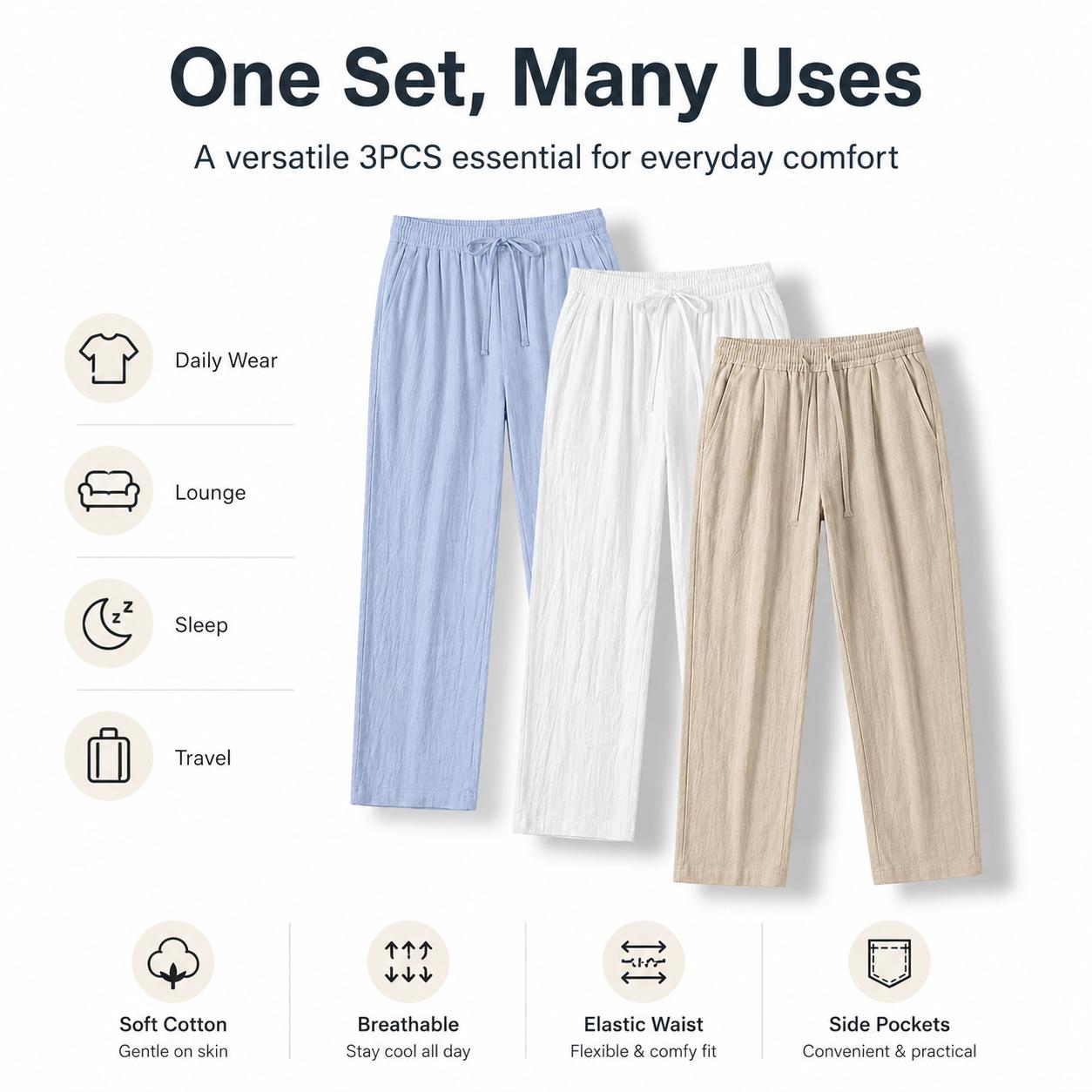 3-pack men’s 100% cotton casual pants: lightweight drawstring pants, breathable straight sleep pants with pockets—suitable for everyday wear, sports, leisure, and outdoor beach activities.