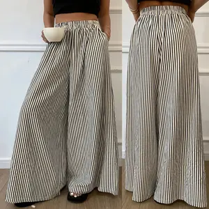Women's Flowy Wide Leg Pants High Waist Stripes Print Loose Fit Palazzo Pants Trousers Black Fabric