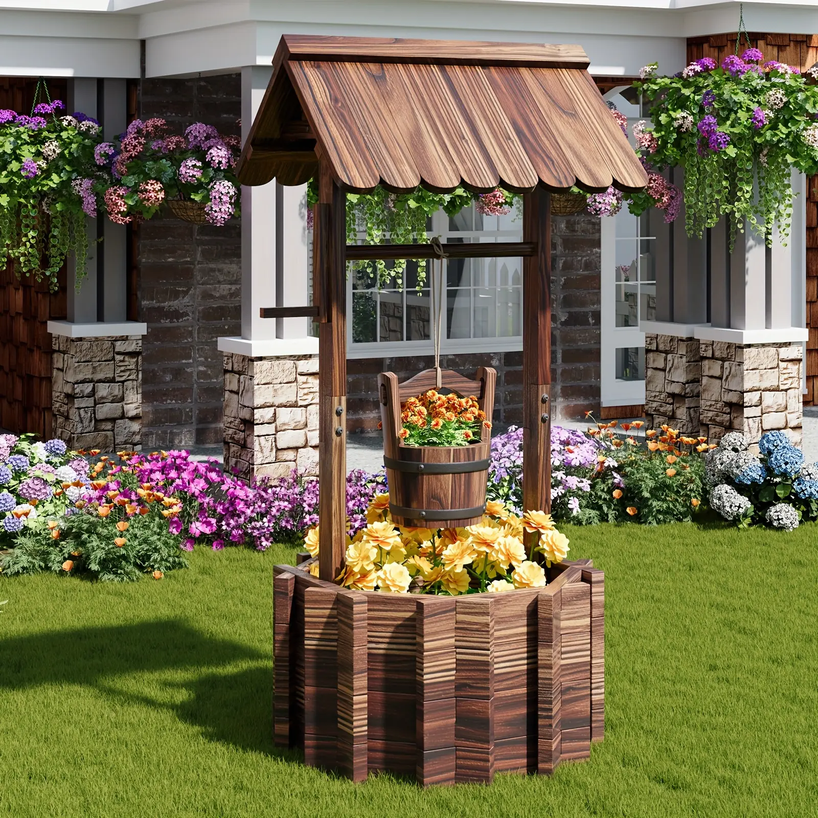 Nordivale Rustic Wooden Barrel Wishing Well Planter - Outdoor Garden Decor with Hanging Bucket, Yard Fountain Water Feature, Reinforced Base for Patio, Lawn
