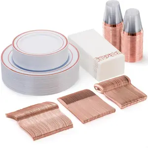Goodluck 175PCS Rose Gold Tableware Set with Dinner Plates Dessert Plates Napkins Silverware and Cups Ideal for Weddings Parties Baby Showers and Special Events