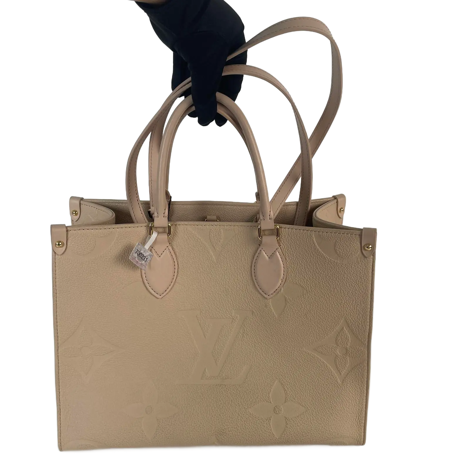 Pre-owned Louis Vuitton Monogram Empreinte Grain Cowhide Tote Bags Onthego MM, Monogram Empreinte Leather, Cream Beige, Gold Tone Hardware++Bag charm++