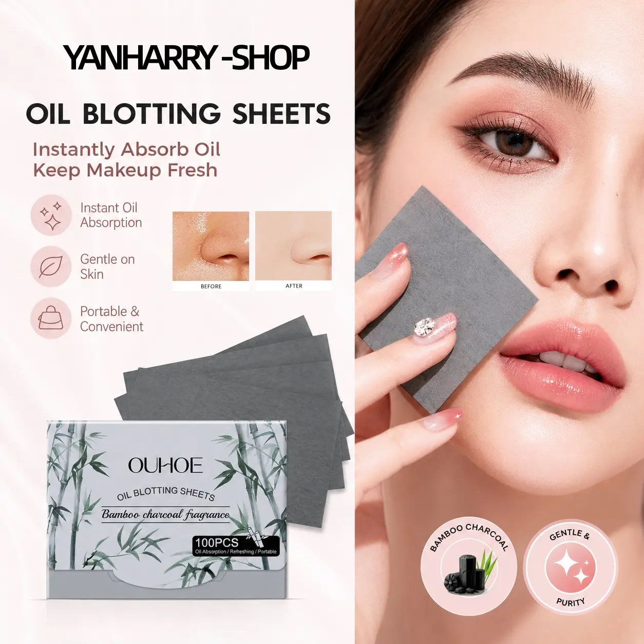 OUHOE Bamboo Charcoal Oil-absorbing paper Sheets - Facial oil-absorbing sheets, refreshing, oil-controlling, reduce shine, comfortable, and portable for everyday use.