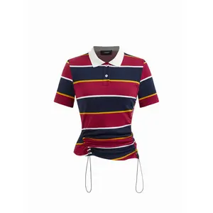 Cider Women's Collared Neck Cotton-Blend Striped Short-Sleeve Drawstring Ruched Tshirt, Ladies' Womenswear Tops