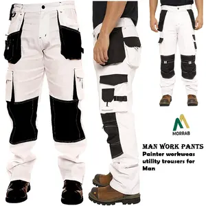 Men's Heavy Duty Painter Pants | White Workwear Trousers for Construction & Painting | Durable Multi-Pocket Essential