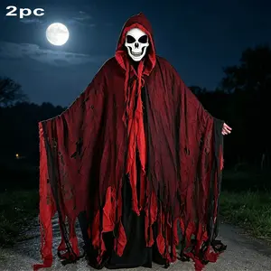 2pc Halloween New Thick Grim Reaper Cape with Skull Mask Set, Festival Props for Halloween, Carnival, Stage Performance, Party Decorations, Costume Accessories