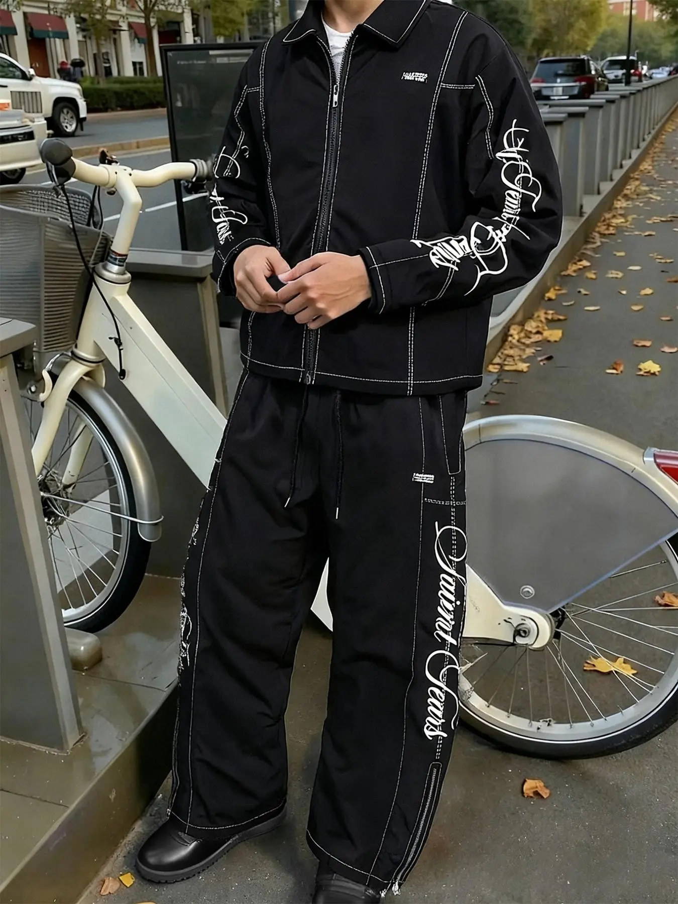 Unisex streetwear style "Saint Tears" letter patchwork Long Sleeve shirt jacket and trendy zip-up trousers set Fitted. Suitable for Casual, streetwear, Y2K style, men's gifts, individualistic outfits, and punk style. Casual Fashion Set Outfit Sets