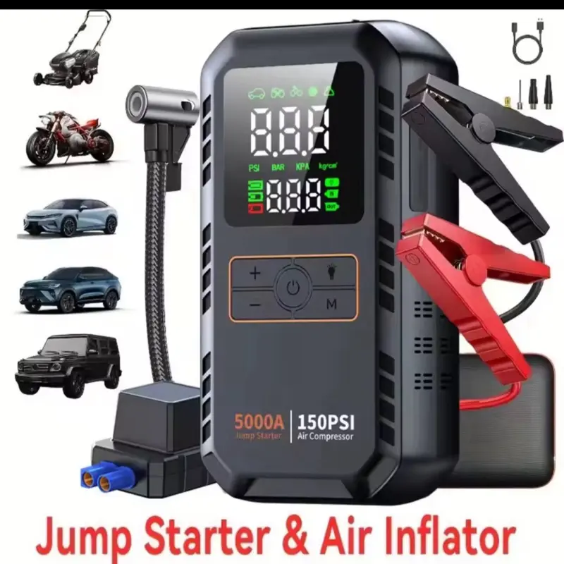 5000A Car Jump Starter with Air Compressor 150PSI Tire Inflator, Portable Battery Booster for Cars, Bike & Motorcycle