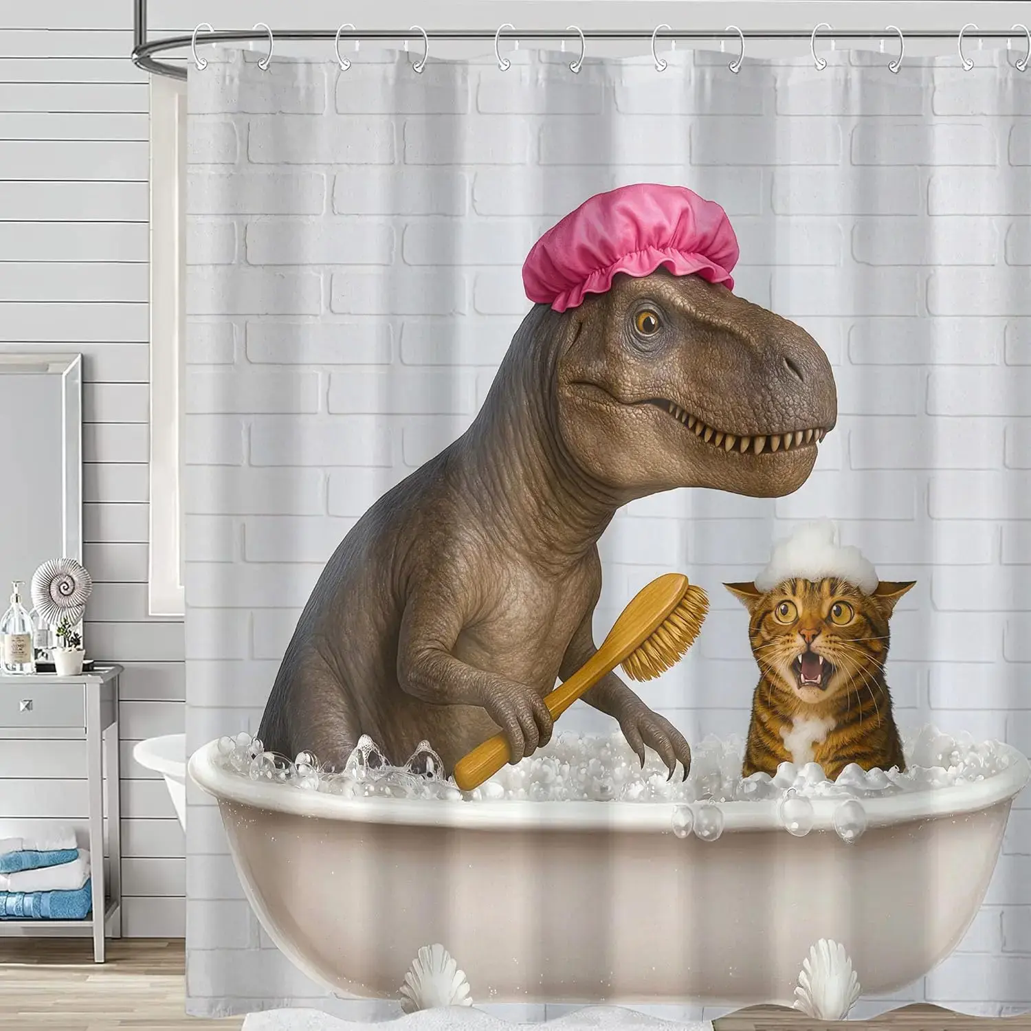 Funny Cat Dinosaur Shower Curtain Cute Fun Dino Cat Bathe Shower Curtains for Bathroom Kids Boys Cool Unique Whimsical Waterproof Fabric Bath Curtain Decor 72 X 72 Inches
