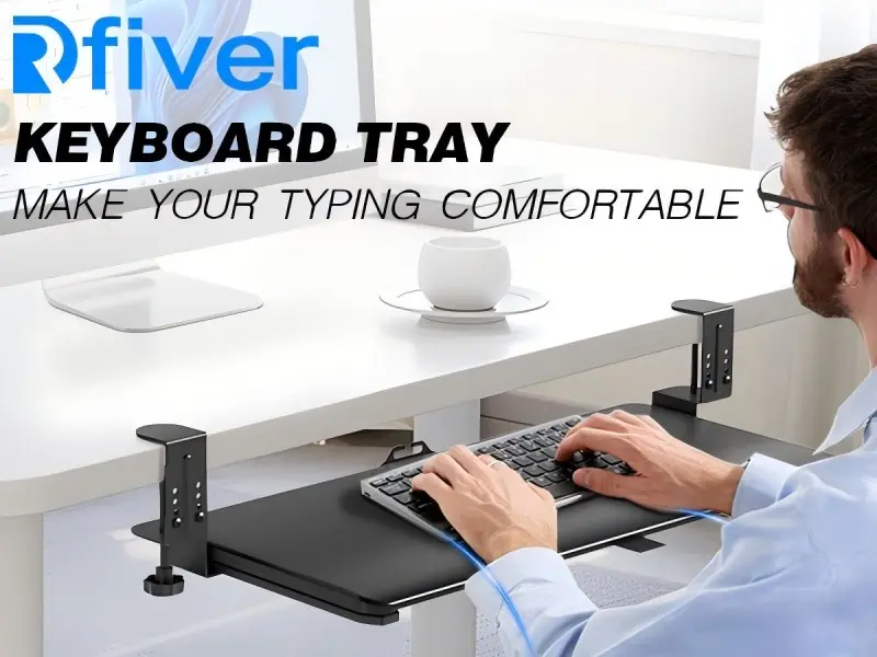Rfiver Desk Keyboard Tray with C-Clamp Mount, 25.6x13in Platform (30in Including Clamps), Cable Management, 4-Level Adjustable Height, Comfortable Typing Angle, 11lbs Capacity, Black Pull-Out Accessory for Keyboard, Mouse