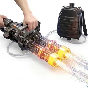 Gatling Electric Water Gun for Adults, New Double Barrel Squirt Gun with Rotating and LED Light, Long Range Automatic Water Guns with Backpack, Two Batteries, Outdoor Toys for Kids Ages 8-12