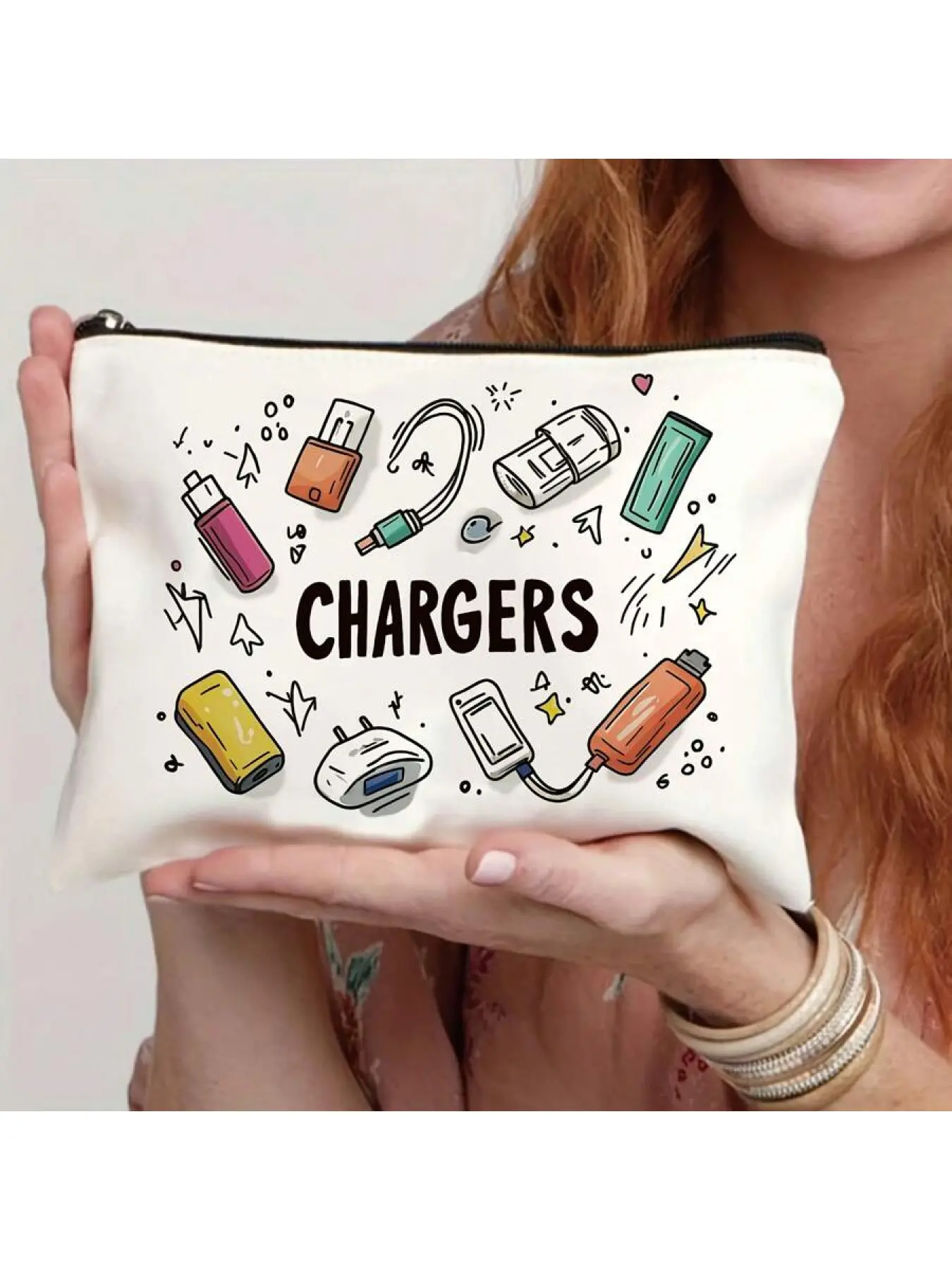 1pc Charger Canvas Cosmetic Bag - Lightweight, Foldable Travel Organizer Pouch With Zipper Closure - Cream Color, Cute Charger & Battery Design - Perfect Gift For Women, Teachers And Friends, Gift For Teachers | Illustration Pouch |