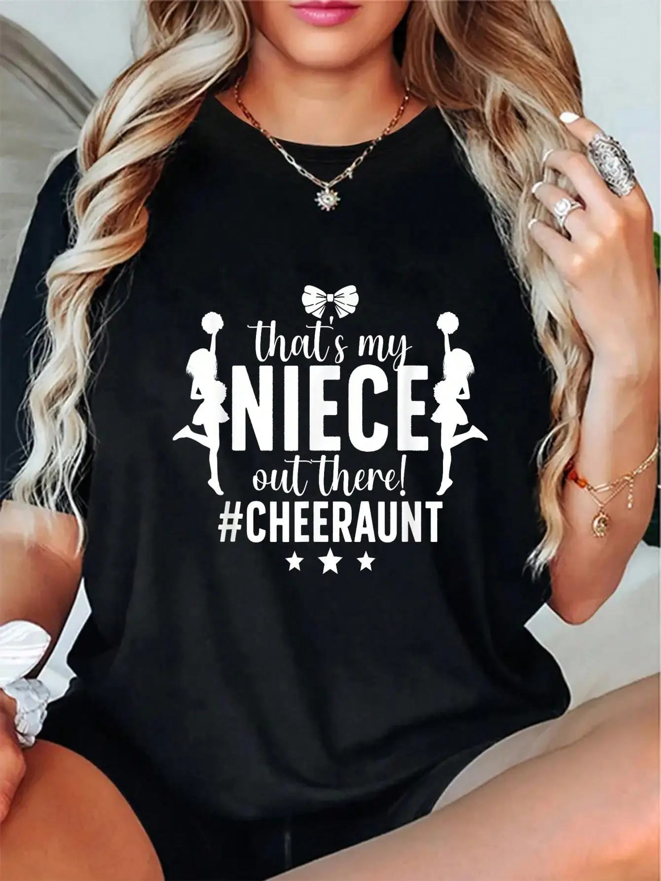 Women's 100% Cotton Short Sleeve Casual Graphic T-Shirt - Washed, Loose-Fitting, Multi-Size, Whimsical "That's My Niece" Cheer Aunt Print, Vintage Round Neck, Distressed Cheer Theme Everyday Top