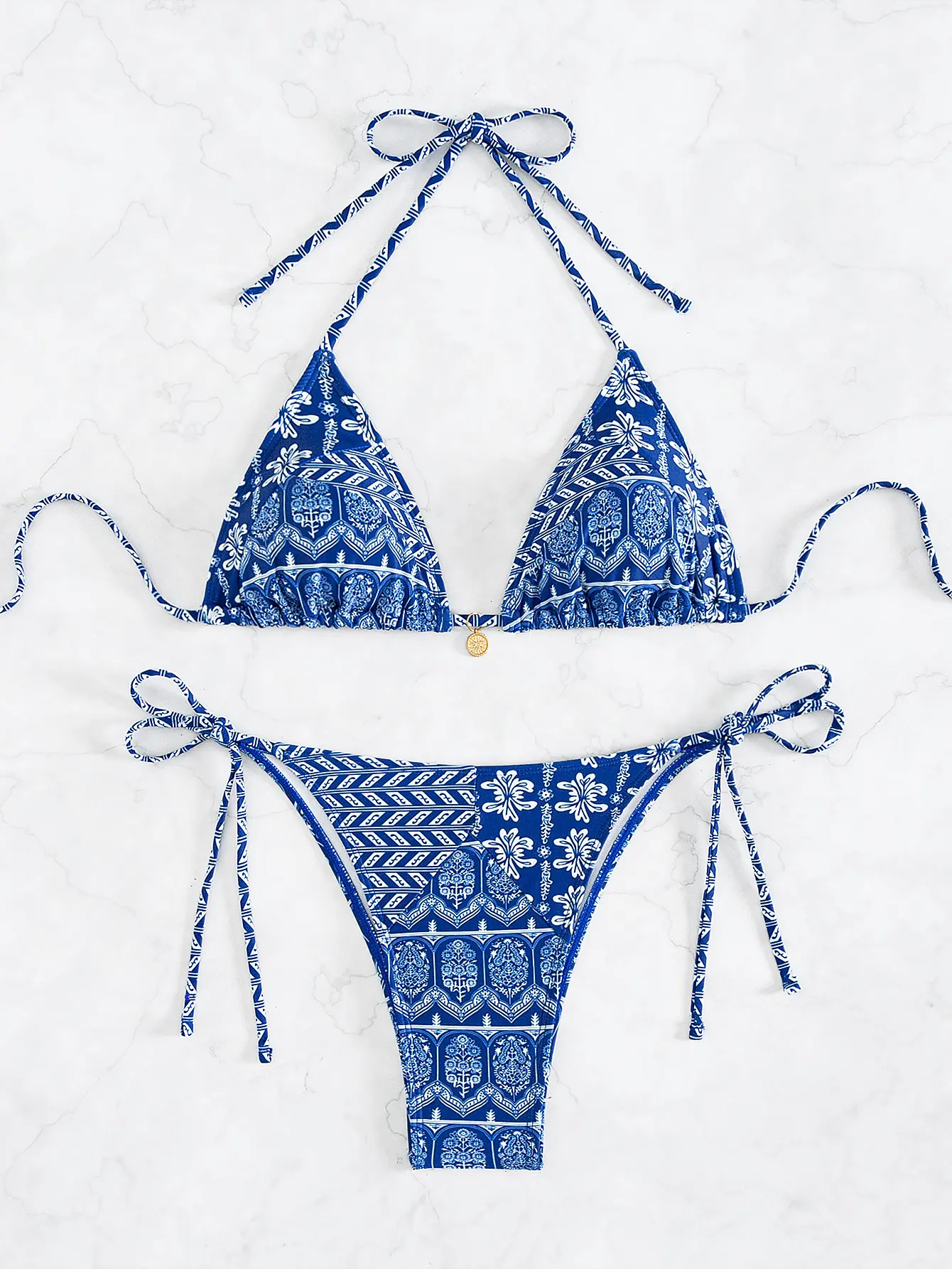 Fashionable women's full print bikini set, fashionable halter neck swimsuit triangle pants, summer beach vacation women's swimsuit, split sexy bikini top bikini swimsuit