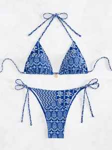 Fashionable women's full print bikini set, fashionable halter neck swimsuit triangle pants, summer beach vacation women's swimsuit, split sexy bikini top bikini swimsuit