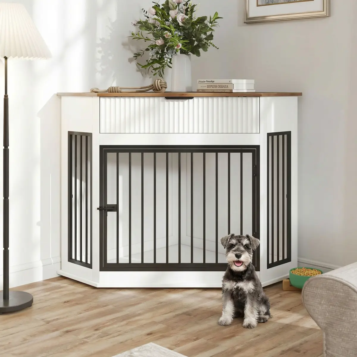 44.6'' Corner MDF Dog Crate Furniture for Small/Medium Dogs, Decorative Dog Kennel End Table with Fluted Drawer Storage, Modern Space-Saving Dog Cage Cabinet for Home Décor Indoor(White)