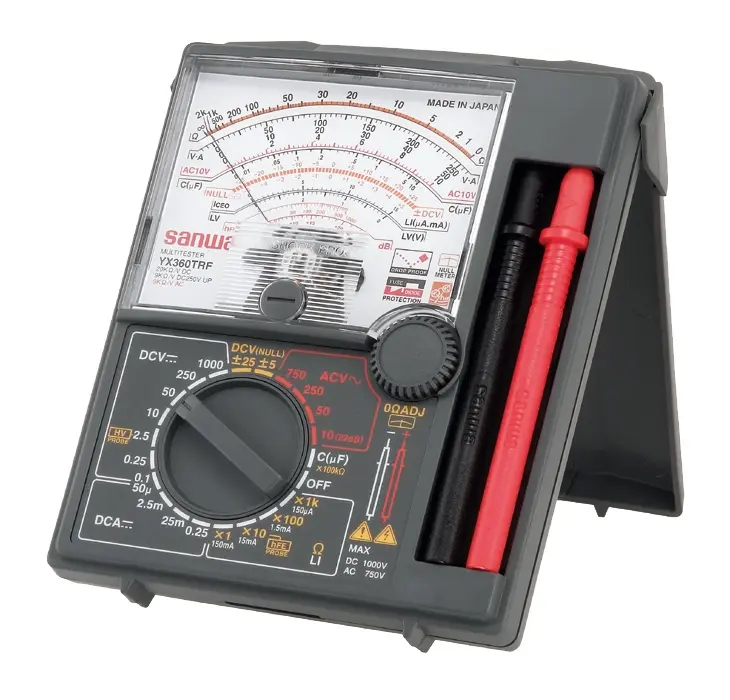 212 MAIN Sanwa YX360TRF Auto Range Analog Multimeter - Compact Automotive Circuit Detector, Folded Stand, 250V/0.5A Low-Voltage Shockproof Tester, Built-In Case, Attached Test Leads, Null Reading, Instruction Manual