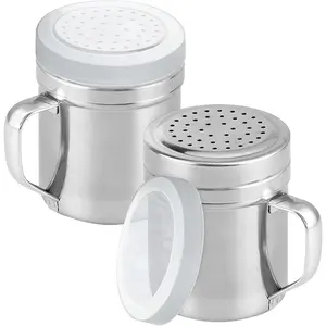 2Pcs Metal Salt Pepper Dredge Shakers, Stainless Steel Pepper Shaker Seasoning Jar With Handle, With Hole And Cover, Suitable For Pepper, Cinnamon And Coffee Spice Jars (Medium-10OZ)