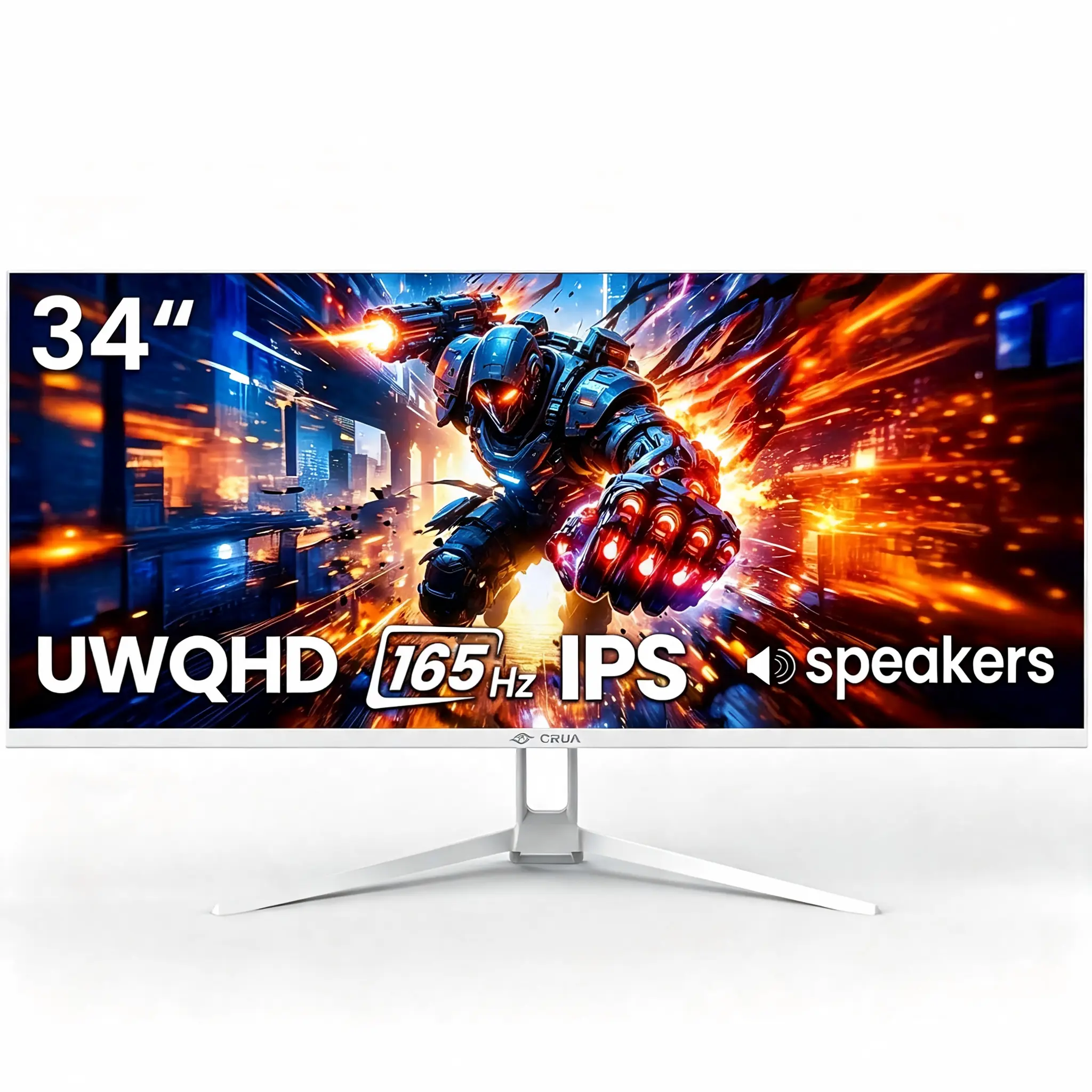 CRUA 34" IPS Panel Ultrawide Gaming Monitor - 165Hz, WQHD 3440x1440, 120% sRGB, FreeSync, Built-in Speakers, Low Blue Light, HDMI/DP, VESA 75x75mm, for Gaming & Work
