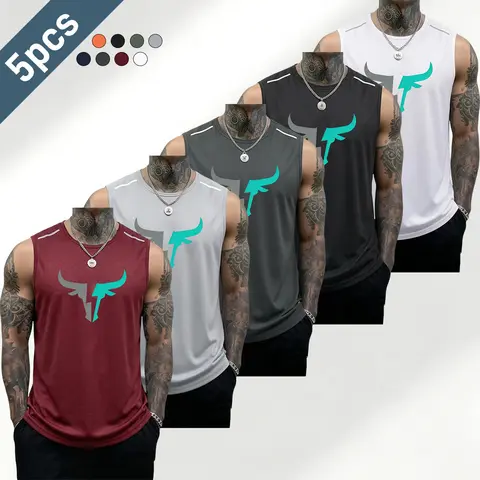 Men’s Large-Print Polyester Tank Top Set - Breathable, Quick-Drying, Lightweight Crewneck Athletic Tops for Summer Running, Fitness Training