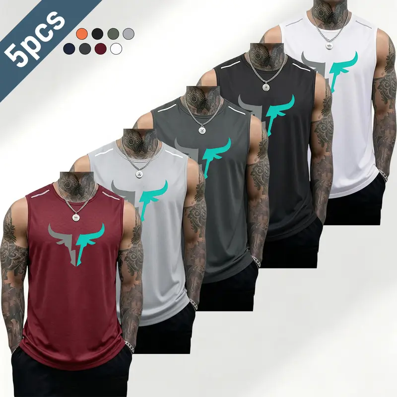 Men’s Large-Print Polyester Tank Top Set - Breathable, Quick-Drying, Lightweight Crewneck Athletic Tops for Summer Running, Fitness Training