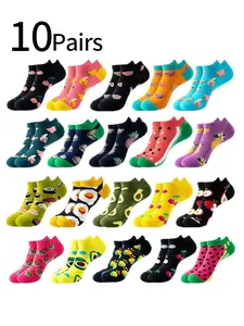 10 Pairs Women's Short Socks, Summer New Thin Fruit Print Low Top Crew Socks, Sweat-Wicking Breathable, Cute Casual Daily Wear Knitted Socks