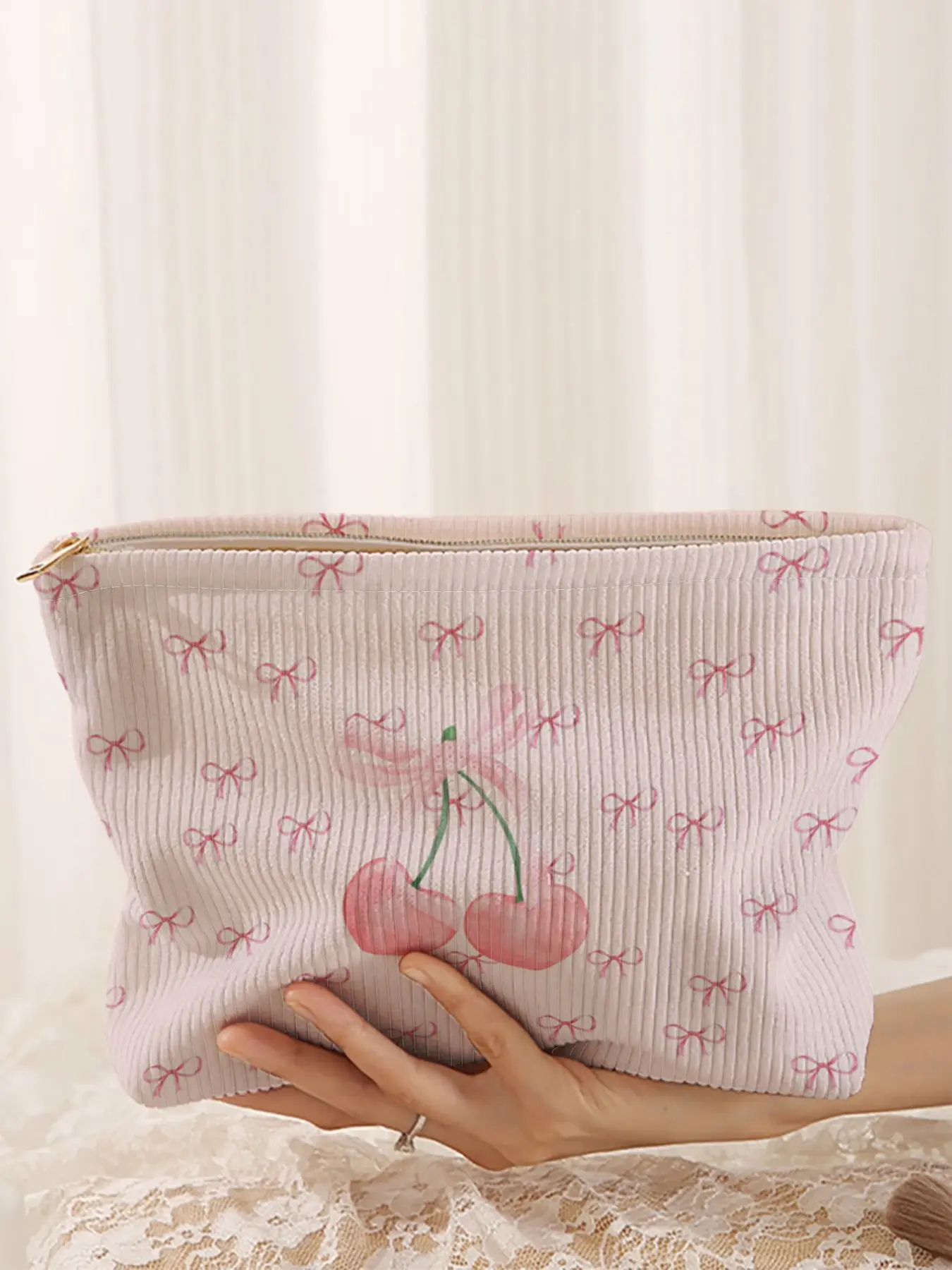 Cherry Print Corduroy Makeup Bag, Cute Cartoon Style, Lightweight Multi-Functional Travel Pouch for All Occasions